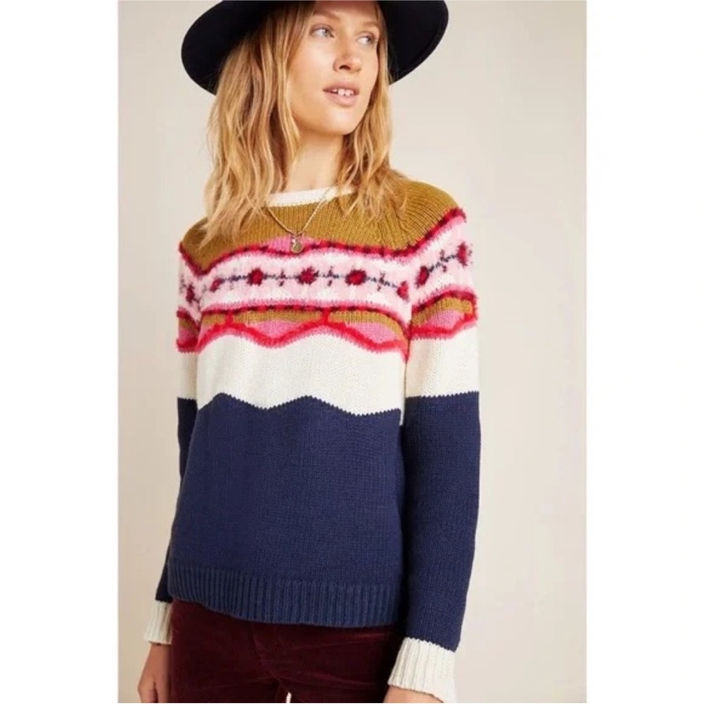 Anthropologie Flower Field Camellia Navy Fair Isle Wool Blend Knit Sweater